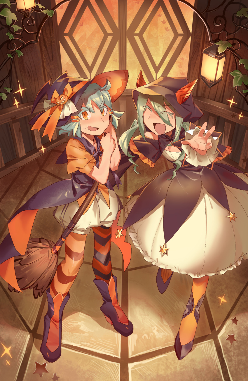 2girls :d ^_^ akari_(shichigatsu) animal_hood ankle_boots blue_hair blush boots broom closed_eyes colored_eyelashes dress eyebrows_visible_through_hair from_above green_hair halloween halloween_costume hat high_heel_boots high_heels highres holding holding_broom hood hood_up indoors lantern leaf long_hair looking_at_viewer multicolored multicolored_clothes multicolored_legwear multiple_girls open_mouth orange_eyes orange_legwear original pantyhose puffy_shorts purple_legwear shichigatsu short_hair shorts smile sou_(shichigatsu) sparkle standing star_(symbol) striped striped_legwear sweatdrop thick_eyebrows wavy_mouth white_shorts witch_hat