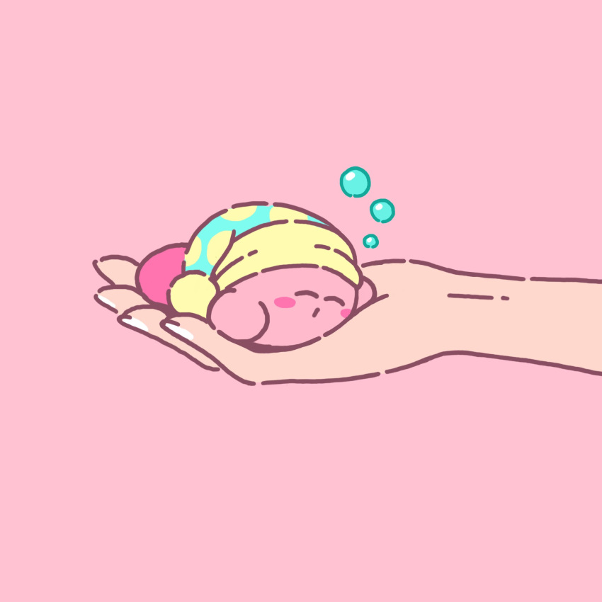 1other blush_stickers bubble closed_eyes english_commentary hands hat highres holding james_turner kirby kirby_(series) nightcap pink_background simple_background solo