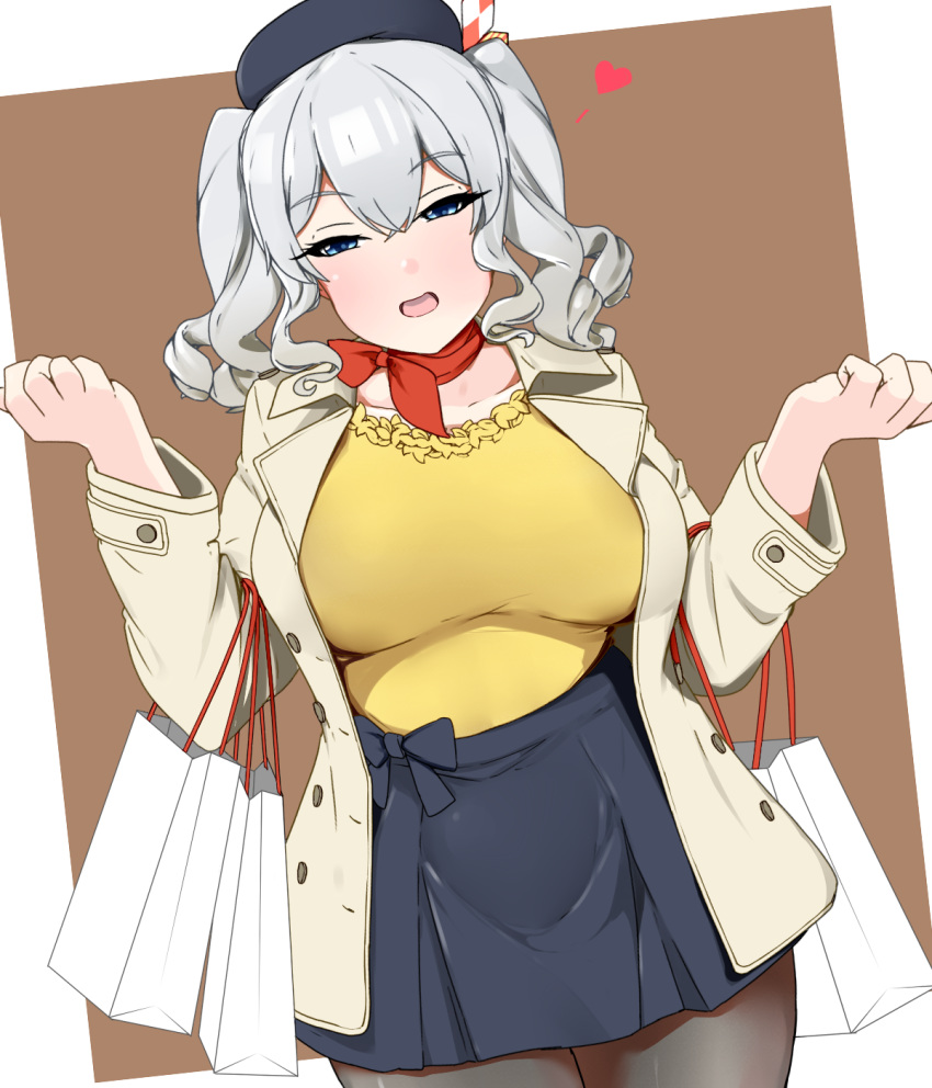 1girl bag beige_coat black_legwear black_skirt blouse breasts brown_background coat commentary_request cowboy_shot grey_eyes hauto-san highres kantai_collection kashima_(kantai_collection) large_breasts long_hair official_alternate_costume pantyhose pleated_skirt shopping_bag sidelocks silver_hair skirt solo standing twintails two-tone_background wavy_hair yellow_blouse