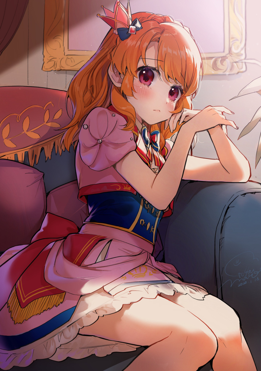 1girl :&lt; absurdres aikatsu! aikatsu!_(series) asymmetrical_bangs back_bow bangs blush bow bowtie braid commentary couch cowboy_shot crown crown_braid crown_print curtains dated dress elbow_rest embarrassed geshumaro hand_on_own_cheek highres idol indoors knees_together_feet_apart lips long_hair looking_at_viewer mini_crown multicolored multicolored_bow multicolored_clothes multicolored_dress nail_polish oozora_akari orange_hair painting_(object) picture_frame pink_dress plant puffy_short_sleeves puffy_sleeves red_bow red_eyes short_sleeves signature sitting solo