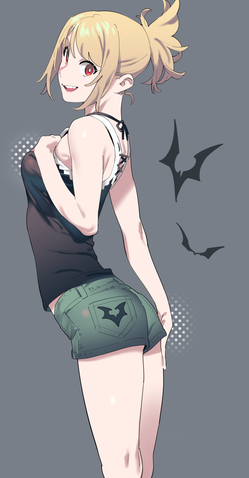 1girl animal_print arched_back bangs bat bat_print black_shirt blonde_hair camisole commentary denim denim_shorts grey_background grey_shorts hand_on_own_ass hand_on_own_chest henken highres looking_at_viewer open_mouth original print_shorts red_eyes shirt short_hair short_ponytail short_shorts shorts sidelocks simple_background smile solo standing swept_bangs
