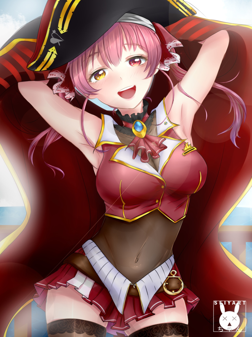 1girl :d armpits arms_up artist_name backlighting black_legwear blush breasts clouds commentary covered_navel english_commentary eyebrows_visible_through_hair hat heterochromia highres hololive houshou_marine long_hair looking_at_viewer medium_breasts open_mouth pirate_hat pleated_skirt railing red_eyes red_skirt redhead seiya skirt sky smile solo thigh-highs twintails virtual_youtuber water yellow_eyes