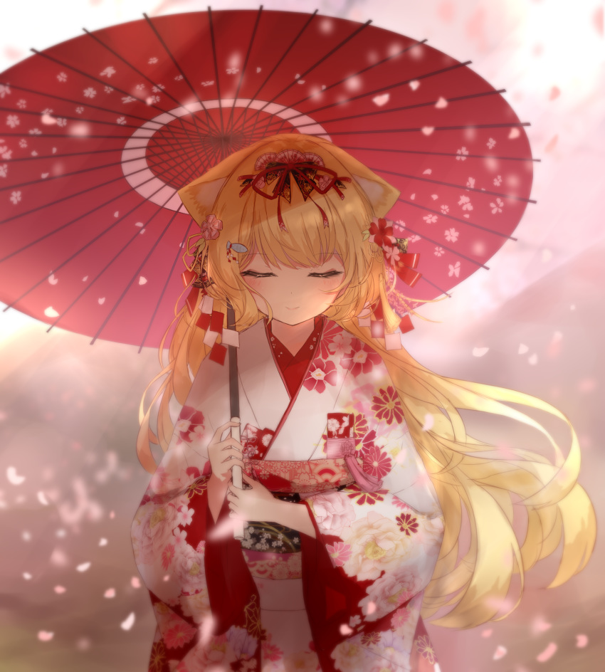 1girl animal_ears blonde_hair blush bow cat_ears closed_eyes furisode guo582 hair_bow hair_ornament hair_ribbon hanazono_serena hanazono_serena_(channel) highres japanese_clothes kimono long_hair oriental_umbrella ribbon solo standing umbrella virtual_youtuber