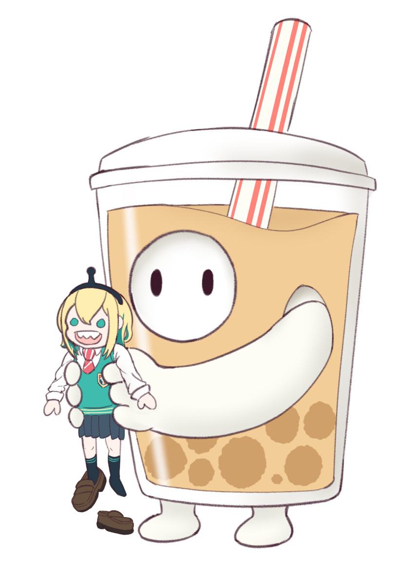 1girl 1other :d amano_pikamee bangs black_hairband blonde_hair blue_legwear blue_skirt brown_footwear bubble_tea chibi collared_shirt commentary_request costume cup disposable_cup dress_shirt drinking_straw emblem english_text fall_guy fall_guys food green_eyes green_sweater hair_between_eyes hairband highres kneehighs lifting_person loafers long_sleeves medium_hair necktie open_mouth owlsoda pleated_skirt red_neckwear school_uniform sharp_teeth shirt shoes short_hair sidelocks simple_background skirt smile solid_circle_eyes solid_oval_eyes striped striped_legwear sweater sweater_vest teeth transparent_background virtual_youtuber voms white_background white_shirt