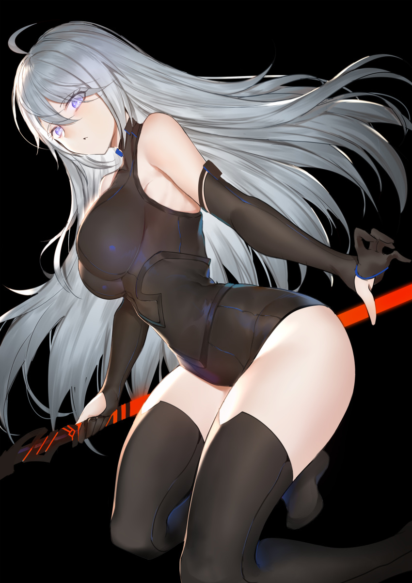1girl absurdres ahoge bangs black_background black_gloves black_legwear black_leotard breasts elbow_gloves eyebrows_visible_through_hair eyes_visible_through_hair gloves glowing glowing_eyes highres holding holding_polearm holding_weapon horz large_breasts legs_folded leotard long_hair looking_at_viewer original partly_fingerless_gloves polearm silver_hair simple_background solo thigh-highs violet_eyes weapon