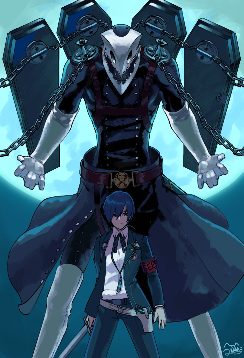1boy armband belt blue_eyes blue_hair chain closed_fan coffin elbow_gloves fan folding_fan gloves gun hair_between_eyes highres holding holding_sword holding_weapon holster holstered_weapon male_focus moon night night_sky outdoors persona persona_3 red_armband signature size_difference sky standing sword thanatos_(persona) uniform weapon white_gloves yuuki_makoto ziddol