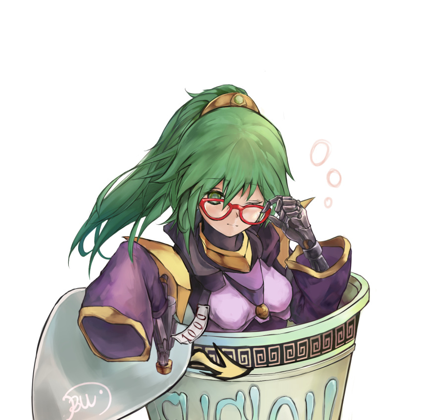 1girl adjusting_eyewear bangs breasts cup duel_monster el_shaddoll_winda eyebrows_visible_through_hair gishihi glasses green_eyes green_hair hair_tie highres in_container in_cup instant_fusion joints long_hair mechanical_hand one_eye_closed ponytail price_tag ramen signature sleeves_past_wrists solo upper_body white_background wide_sleeves winda_priestess_of_gusto yu-gi-oh!