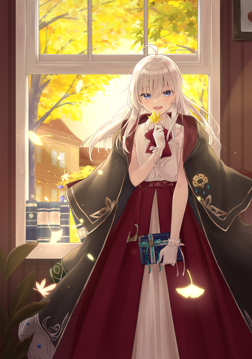 1girl :d ahoge azuuru bangs bare_arms black_cape black_capelet blue_eyes blush book brooch cape capelet collared_shirt elaina_(majo_no_tabitabi) eyebrows_visible_through_hair ginkgo_leaf gloves hair_between_eyes high-waist_skirt highres holding holding_book holding_leaf hood hood_up hooded_capelet indoors jewelry leaf long_hair long_skirt looking_at_viewer majo_no_tabitabi maple_leaf open_mouth open_window red_skirt robe shirt short_sleeves silver_hair skirt smile solo standing upper_teeth violet_eyes white_gloves white_hair white_shirt window witch
