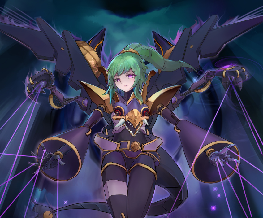 1girl absurdres aura bangs dark_aura duel_monster el_shaddoll_winda extra_arms fang gishihi green_hair highres mechanical_arm mechanical_tail mechanical_wings no_pupils ponytail pulao puppet_strings sharp_teeth tail teeth winda_priestess_of_gusto wings yu-gi-oh!