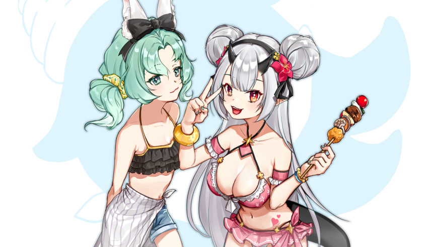 2girls animal_ears armband bare_shoulders bikini blush bow breasts denim denim_shorts dragon_tail epic7 eyebrows_visible_through_hair flower food frilled_armband frilled_bikini frills green_eyes green_hair hair_bow hair_flower hair_ornament halterneck horns large_breasts looking_at_viewer low_ponytail mamyommi midriff mui_(epic7) multiple_girls nail_polish navel open_mouth pointy_ears red_eyes sarong scrunchie shorts sidelocks silver_hair simple_background small_breasts swimsuit swimsuit_skirt tail v victory_pose yufine_(epic7)
