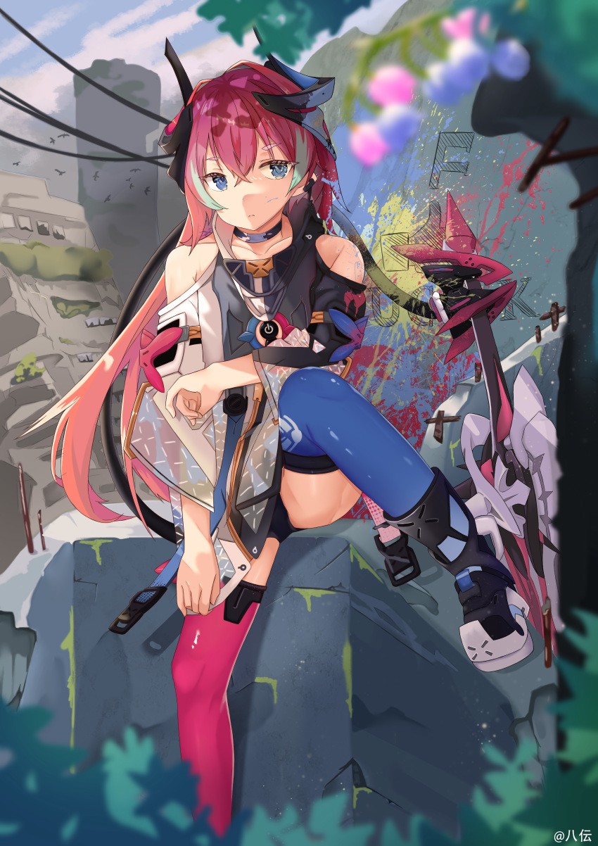 absurdres auguste berries bird black_panties blue_eyes blue_legwear blue_sky blurry_foreground boots choker commentary day expressionless greatsword highres holding holding_sword holding_weapon honkai_(series) honkai_impact_3rd horns mismatched_legwear multicolored_hair outdoors paint_splatter panties pink_hair pink_legwear rozaliya_olenyeva rozaliya_olenyeva_(delta) ruins sitting sky solo streaked_hair sword thick_eyebrows thigh-highs tree_shade twitter_username two-tone_hair underwear weapon