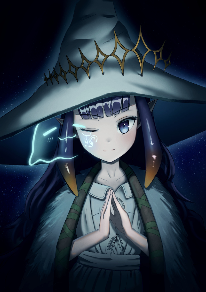 1girl absurdres bangs black_hair blue_eyes blunt_bangs cosplay elden_ring extra_faces flat_chest gradient_hair hat hat_ornament highres hololive hololive_english long_hair multicolored_hair ninomae_ina'nis orange_hair purple_hair ranni_the_witch rappyfx sidelocks tako_(ninomae_ina'nis) tentacle_hair very_long_hair virtual_youtuber witch_hat