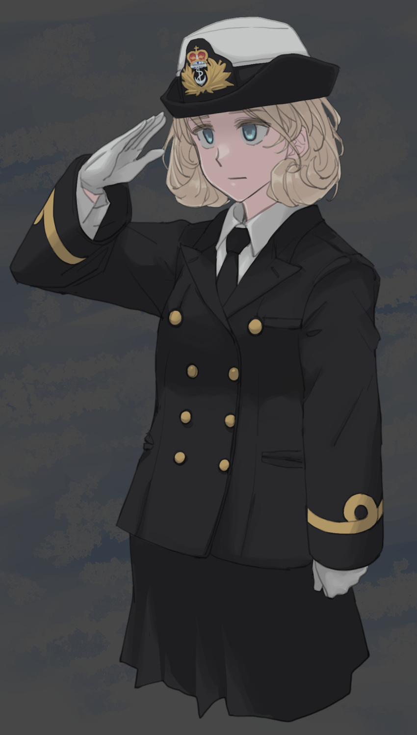 1girl alternate_costume bangs black_jacket black_neckwear black_skirt blonde_hair blue_eyes closed_mouth commentary_request cropped_legs double-breasted gloves hat highres jacket janus_(kantai_collection) kantai_collection long_sleeves military military_hat military_uniform necktie salute short_hair simple_background skirt solo sozan uniform white_gloves