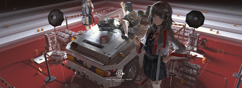 3girls black_hair blue_eyes car english_text ground_vehicle hand_up highres ibara_dance long_hair looking_at_viewer looking_up lying motor_vehicle multiple_girls necktie on_back original power_lines shoes single_shoe tape_recorder thigh-highs