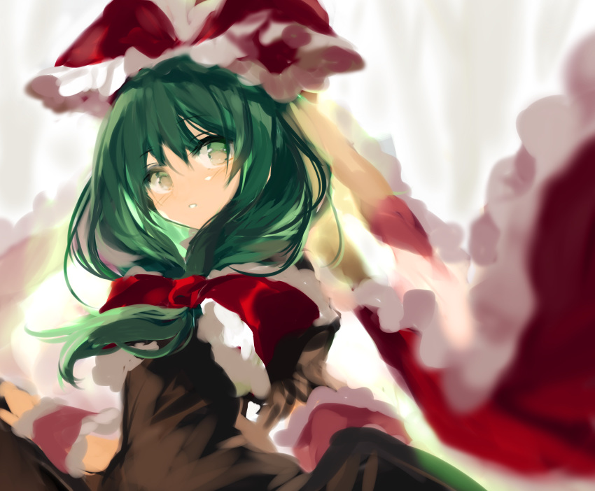 1girl bangs blurry_foreground blush bow brown_dress commentary_request dress eyebrows_visible_through_hair frilled_cuffs frills front_ponytail fuupu green_eyes green_hair hair_bow highres kagiyama_hina lifted_by_self long_hair looking_back parted_lips perspective red_bow simple_background skirt skirt_lift solo touhou upper_body white_background wrist_cuffs