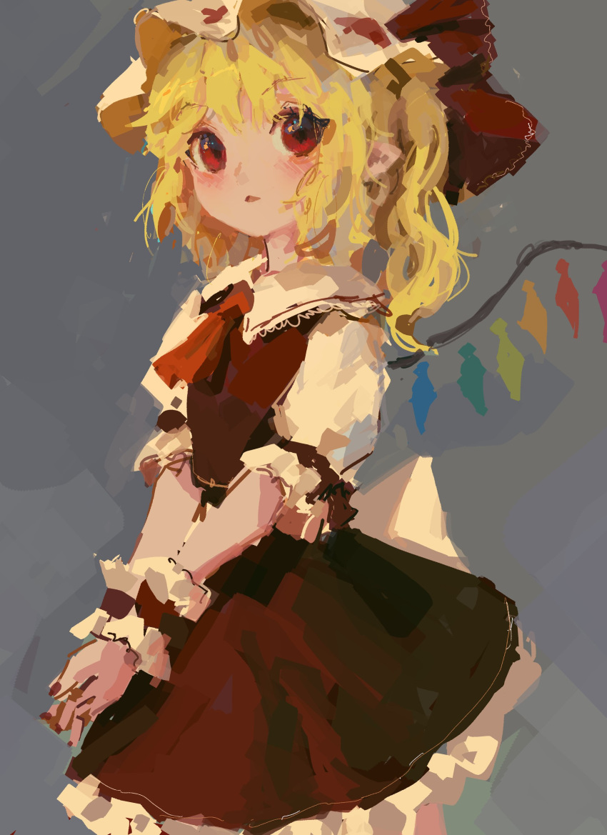 1girl absurdres ascot blonde_hair blush bow cowboy_shot crystal eyebrows_visible_through_hair fingernails flandre_scarlet frilled_cuffs frilled_shirt_collar frills grey_background hands_together hat hat_bow highres looking_at_viewer mob_cap one_side_up parted_lips puffy_short_sleeves puffy_sleeves red_bow red_eyes red_neckwear red_skirt red_vest reddizen short_sleeves simple_background skirt solo touhou vest wings wrist_cuffs