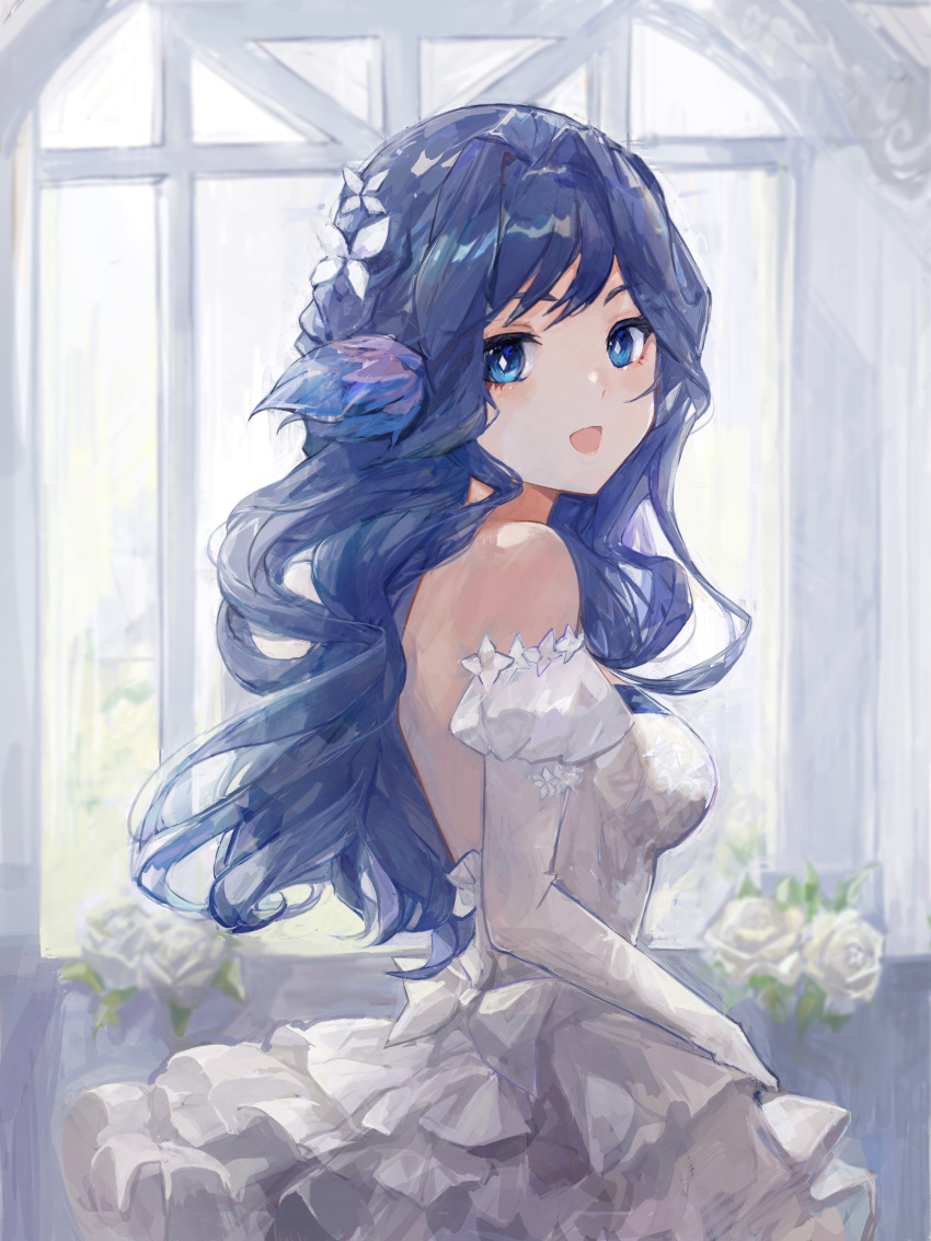 1girl absurdres alternate_costume arknights astesia_(arknights) blue_eyes blue_hair breasts chinese_commentary commentary_request dress elbow_gloves flower gloves highres long_hair medium_breasts open_mouth qianzhu rose smile solo upper_body white_dress white_flower white_gloves white_rose
