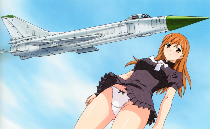 1girl absurdres aircraft airplane airplane_wing artbook black_bow black_dress blue_sky blush bow bow_panties brown_eyes brown_hair closed_mouth clouds cloudy_sky crotch_seam day dress highres long_hair neck_ribbon original panties puffy_short_sleeves puffy_sleeves ribbon short_sleeves sky solo standing thighs underwear white_neckwear white_panties wind wind_lift yamauchi_noriyasu