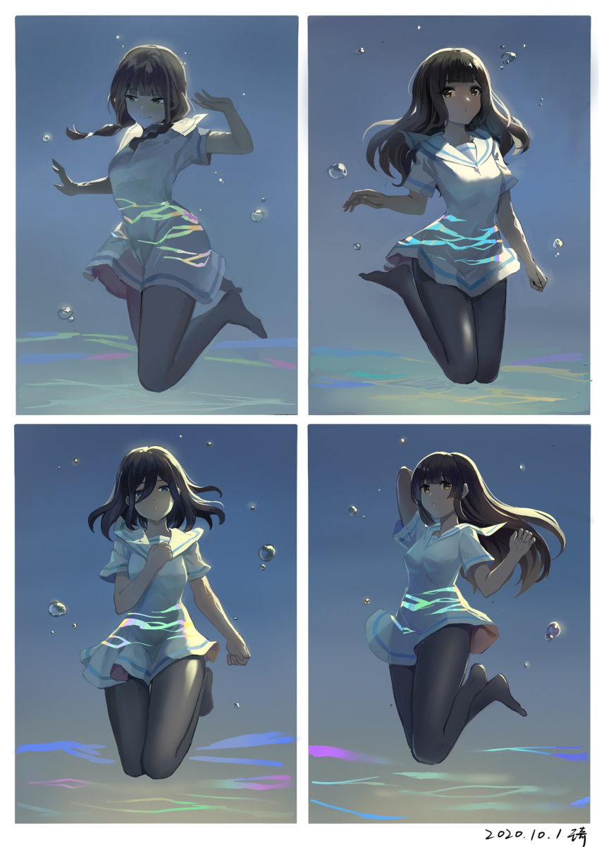 4girls air_bubble arm_up bangs barefoot black_hair black_legwear blue_eyes braid breasts brown_eyes bubble dated dress eyebrows_visible_through_hair green_eyes hair_between_eyes hand_up highres long_hair multiple_girls no_shoes original pantyhose sailor_collar sailor_dress short_sleeves small_breasts twin_braids underwater very_long_hair wangqi water white_dress white_sailor_collar