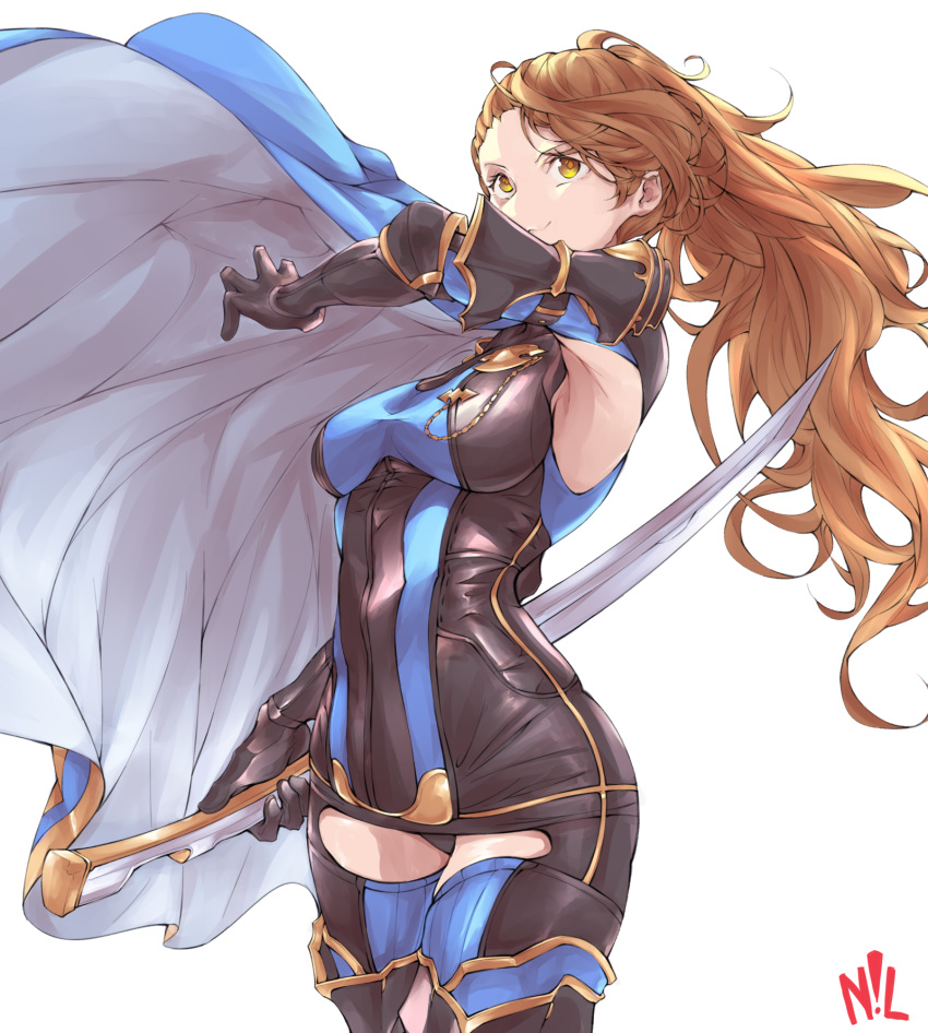 1girl armpits asymmetrical_bangs bangs beatrix_(granblue_fantasy) black_gloves brown_hair cape capelet cloak gloves granblue_fantasy highres holding holding_sword holding_weapon long_hair outspire ponytail smile sword weapon white_background yellow_eyes