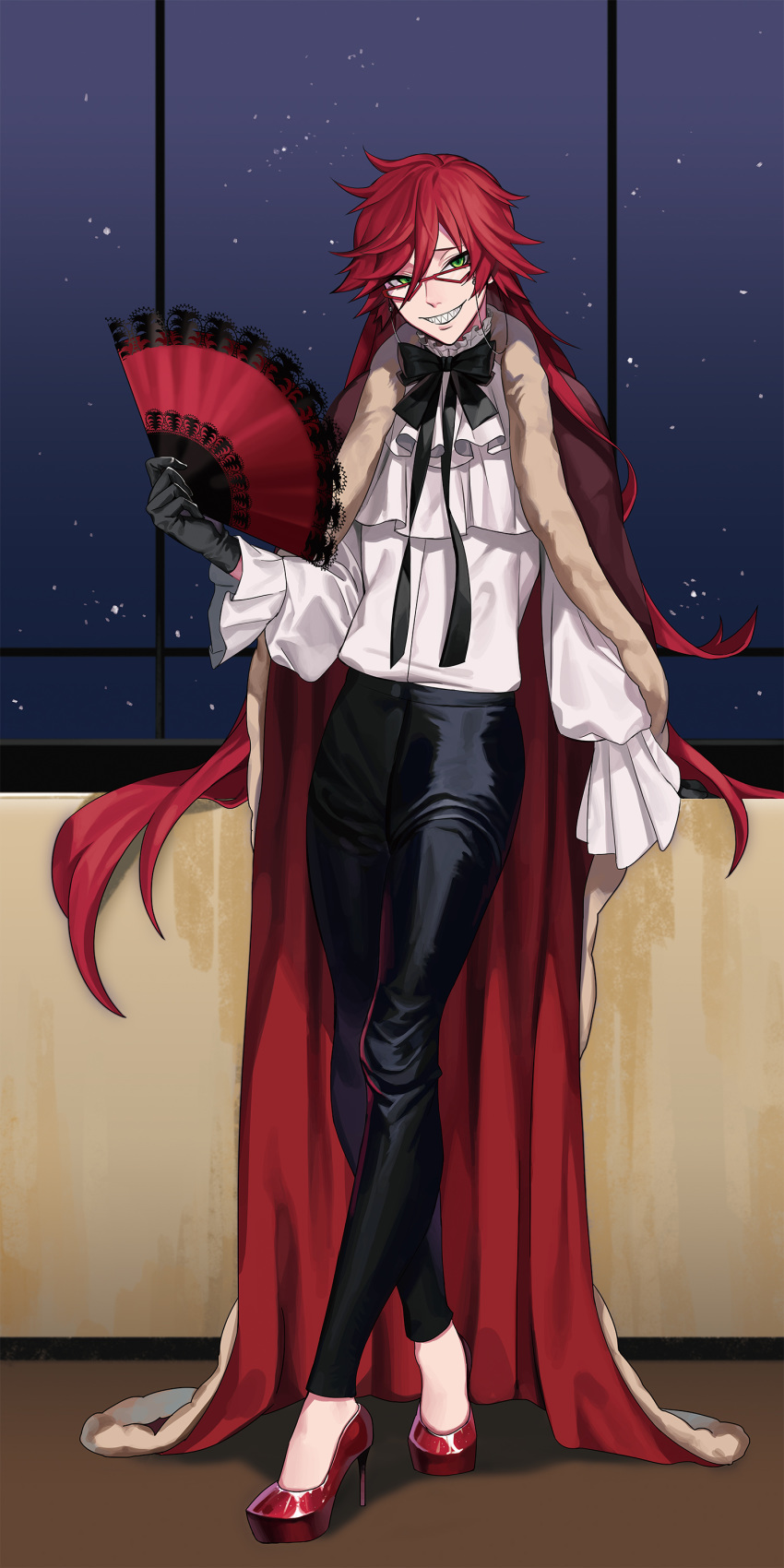 absurdres alternate_costume black_gloves black_neckwear black_pants black_ribbon cloak crossed_legs eyewear_strap fan folding_fan formal full_body glasses gloves green_eyes grell_sutcliff hair_between_eyes high_heels highres indoors kuroshitsuji long_hair long_sleeves looking_at_viewer messy_hair moona_59 neck_ribbon night night_sky pants red-framed_eyewear red_footwear redhead ribbon sharp_teeth shirt shirt_tucked_in shoes sky smile solo star_(sky) starry_sky teeth watson_cross white_shirt wide_sleeves window