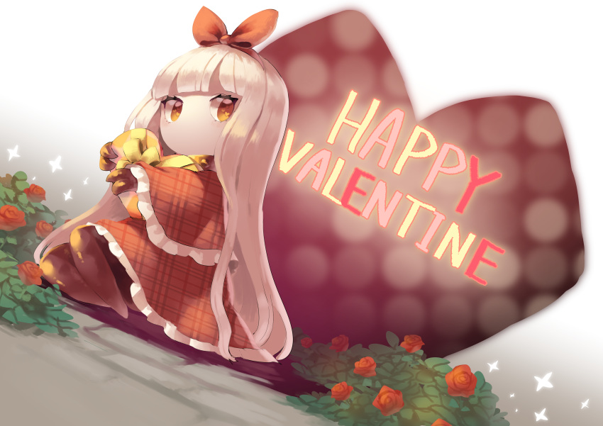 absurdres bow bow_hairband box capelet dress english_text eye_(okame_nin) flower fur-trimmed_capelet fur-trimmed_dress fur_trim gift hair_bow hairband happy_valentine heart heart-shaped_box heart_in_eye highres holding holding_gift looking_at_viewer okame_nin orange_eyes original red_bow red_capelet red_dress red_flower red_hairband red_rose rose sitting symbol_in_eye unmoving_pattern