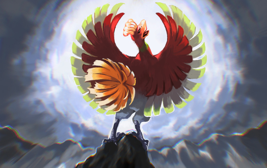 clouds cloudy_sky from_behind full_body gen_2_pokemon ho-oh legendary_pokemon making-of_available mountaintop nishimawari_kouro no_humans pokemon pokemon_(creature) sky spread_wings standing