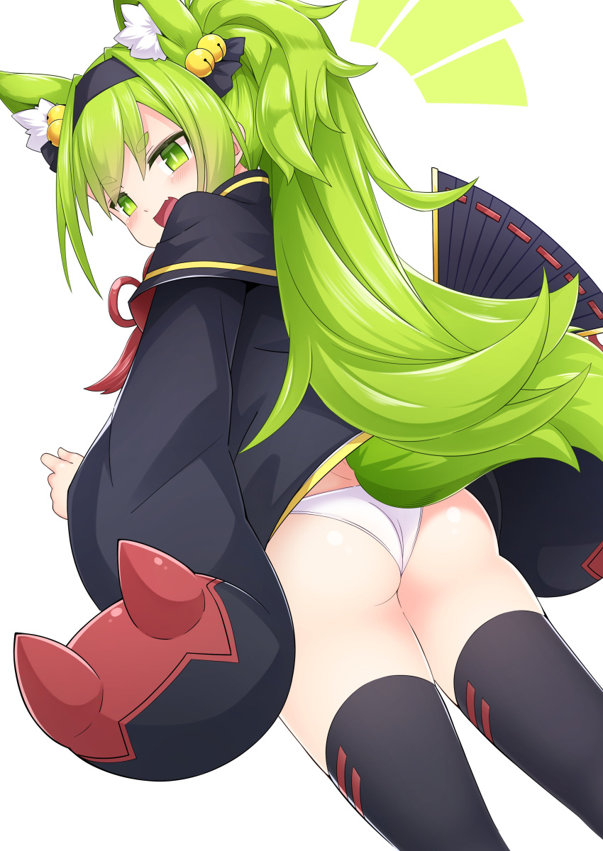 /\/\/\ 1girl absurdres animal_ear_fluff animal_ears ass azur_lane bangs bell black_legwear blush cat_ears cat_tail commission cowboy_shot dutch_angle eyebrows_visible_through_hair fan fang folding_fan from_behind green_eyes green_hair hair_bell hair_ornament hairband highres isokaze_(azur_lane) isokaze_(new_year's_battle)_(azur_lane) jingle_bell kandori long_hair long_sleeves looking_at_viewer looking_back official_alternate_costume open_mouth panties ponytail simple_background skeb_commission skin_fang solo tail thick_eyebrows thigh-highs underwear white_background white_panties wide_sleeves