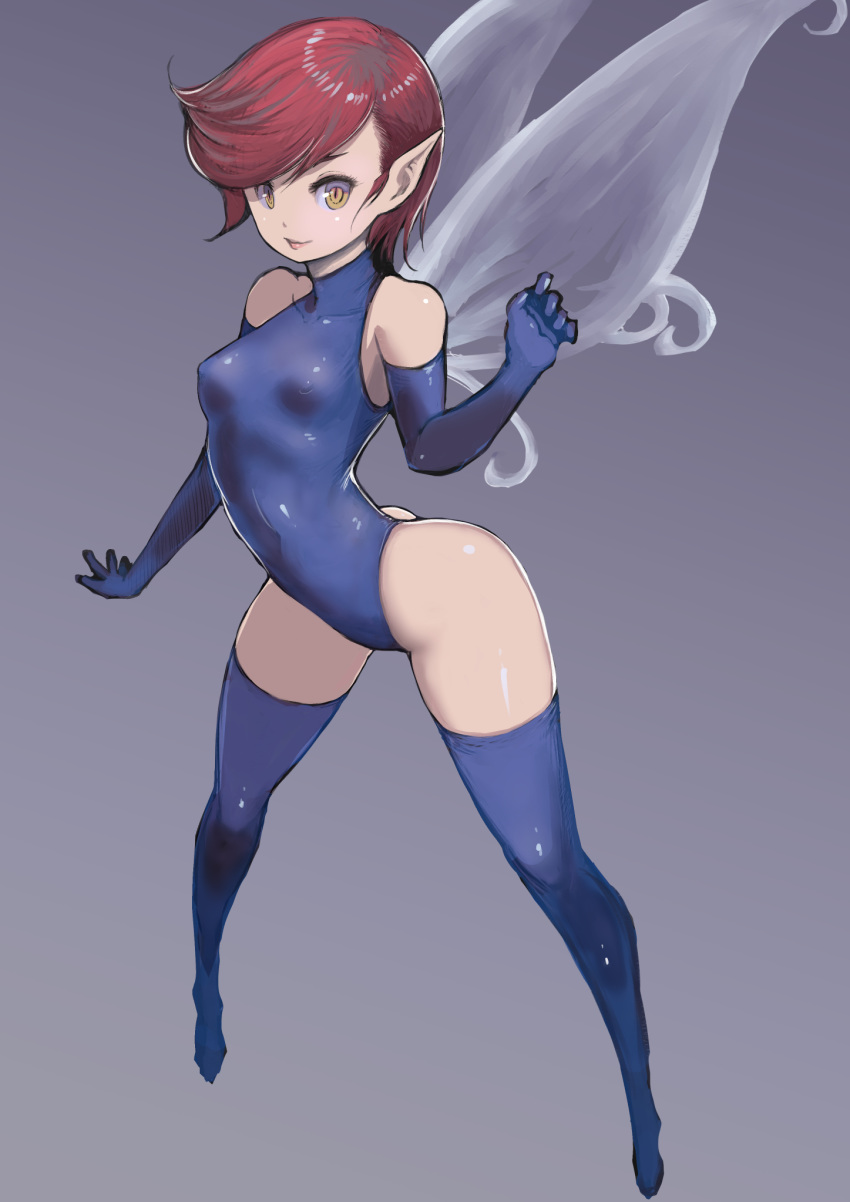 1girl bare_shoulders blue_gloves blue_legwear blue_leotard closed_mouth covered_navel covered_nipples elbow_gloves fairy fairy_wings gloves gradient gradient_background hand_up highleg highleg_leotard highres johan_(johan13) legs_apart leotard looking_at_viewer pixie_(megami_tensei) pointy_ears redhead shin_megami_tensei short_hair smile solo thigh-highs thighs wings yellow_eyes