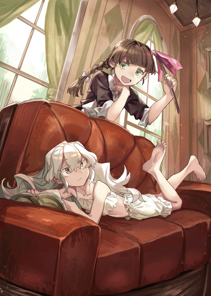 2girls :d arm_up bangs barefoot bloomers blunt_bangs book braid braided_ponytail brown_hair ceiling ceiling_light closed_mouth colored_eyelashes couch crop_top curtains day duster eyebrows_visible_through_hair green_eyes grey_hair hair_between_eyes hair_intakes highres holding_duster indoors legs_up light_particles long_hair looking_at_another lying maid midriff multiple_girls on_couch on_stomach open_book open_mouth original shichigatsu sidelocks silver_hair single_braid smile soles the_pose toes underwear white_bloomers window yellow_eyes
