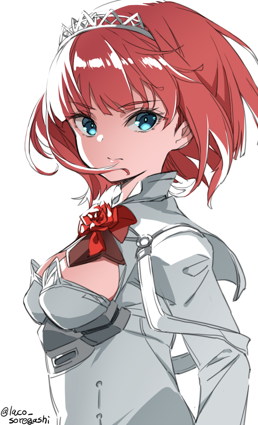 1girl ark_royal_(kantai_collection) bangs blue_eyes blunt_bangs bob_cut breasts cleavage_cutout clothing_cutout commentary_request hairband highres inverted_bob kantai_collection laco_soregashi looking_at_viewer medium_breasts red_ribbon redhead ribbon short_hair simple_background solo tiara upper_body white_background
