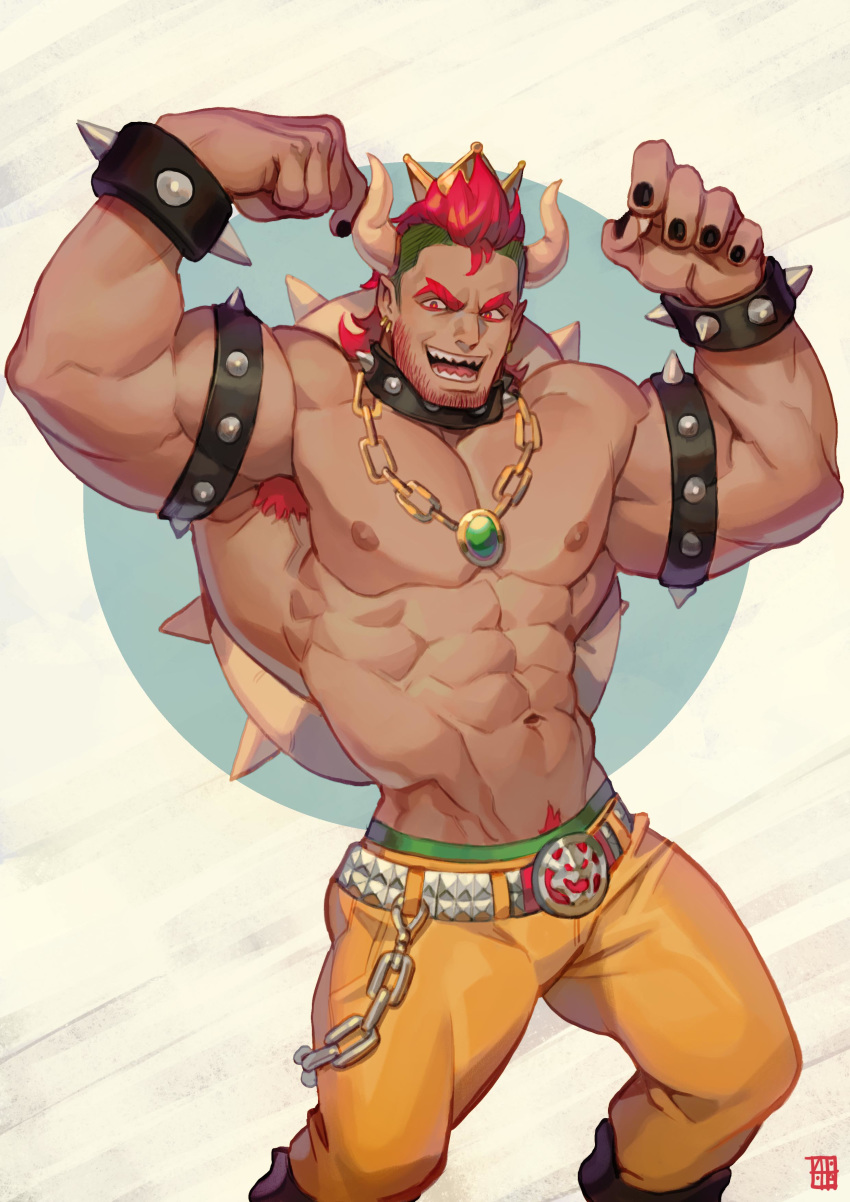 1boy abs absurdres alejandro_tio armband armpit_hair armpits bara bare_chest belt black_nails bowser bracelet chest covered_abs feet_out_of_frame flexing highres jewelry king_koopa lying male_focus muscle navel navel_hair necklace nipples on_back pants pose shirtless short_hair solo spiked_bracelet spikes the_super_mario_bros._super_show! thick_thighs thighs yellow_pants