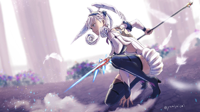 1girl braid crown_braid dutch_angle energy_weapon feathers full_body head_wings high_heels highres holding holding_staff juliet_sleeves long_sleeves melia_antiqua puffy_sleeves silver_hair solo squatting staff thigh-highs xenoblade_chronicles xenoblade_chronicles:_future_connected xenoblade_chronicles_(series) yumiyoiyoi