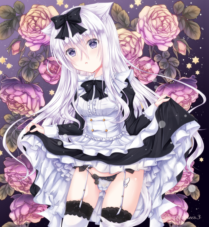1girl animal_ears ass_visible_through_thighs bangs black_bow bow bowtie cat_ears cat_tail eyebrows_visible_through_hair flower frilled_shirt_collar frills garter_straps highres lace-trimmed_legwear lace_trim lifted_by_self long_hair long_sleeves maid_dress original panties parted_lips rose sidelocks sleeve_cuffs solo star_(symbol) string_panties tail thigh-highs underwear violet_eyes white_hair white_legwear white_panties yoizuki_mashiro