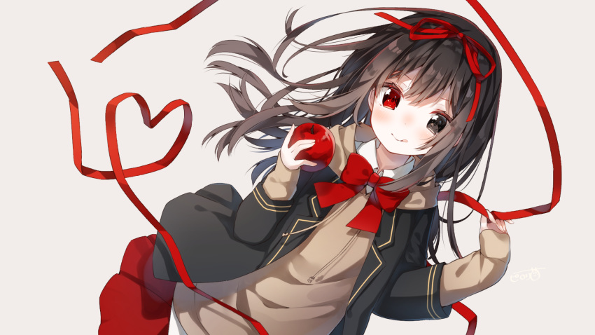 1girl apple bangs black_eyes black_hair blush bow bowtie eyebrows food fruit hair_ornament hair_ribbon hands_up heripiro heterochromia highres holding holding_food holding_fruit holding_ribbon jacket long_hair long_sleeves looking_at_viewer original pleated_skirt red_bow red_eyes red_ribbon red_skirt ribbon shirt skirt sleeves sleeves_past_wrists smile solo tongue tongue_out