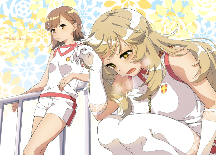 +_+ 2girls anime_coloring artist_name bangs blonde_hair blush breasts brown_eyes brown_hair commentary_request dripping elbow_gloves eyebrows_visible_through_hair feet_out_of_frame flower gloves gym_uniform hair_flower hair_ornament heavy_breathing ichimirenge lace-trimmed_gloves lace-trimmed_legwear lace_trim large_breasts long_hair looking_at_viewer medium_hair misaka_mikoto multiple_girls open_mouth patterned_background shirt shokuhou_misaki short_hair short_sleeves shorts simple_background sleeveless sleeveless_shirt small_breasts squatting sweat symbol-shaped_pupils thigh-highs tired to_aru_kagaku_no_railgun to_aru_majutsu_no_index twitter_username white_flower white_gloves white_legwear white_shirt white_shorts