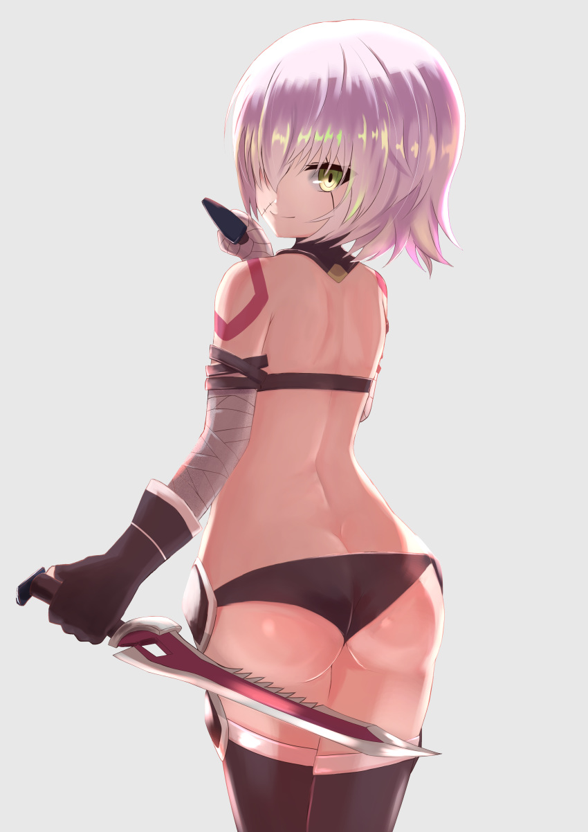 1girl absurdres arm_belt ass back bandaged_arm bandages bangs bare_shoulders black_footwear black_panties boots breasts closed_mouth dagger dual_wielding facial_scar fate/apocrypha fate_(series) gloves green_eyes hair_between_eyes highres holding holding_dagger holding_weapon jack_the_ripper_(fate/apocrypha) li_zhu looking_at_viewer looking_back panties scar scar_across_eye scar_on_cheek short_hair shoulder_tattoo simple_background single_glove smile solo tattoo thigh-highs thigh_boots thighs underwear weapon white_hair