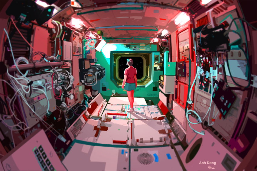 1girl anhdang blue_shorts brown_hair cable commentary english_commentary facing_away fisheye from_behind hair_bun indoors machinery original red_shirt scenery shirt short_sleeves shorts signature solo space space_station