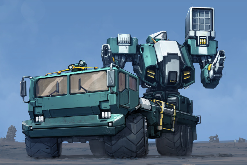 blue_eyes cannon english_commentary ground_vehicle highres ksenolog looking_up mecha missile_pod motor_vehicle no_humans original science_fiction truck vehicle_focus wheel