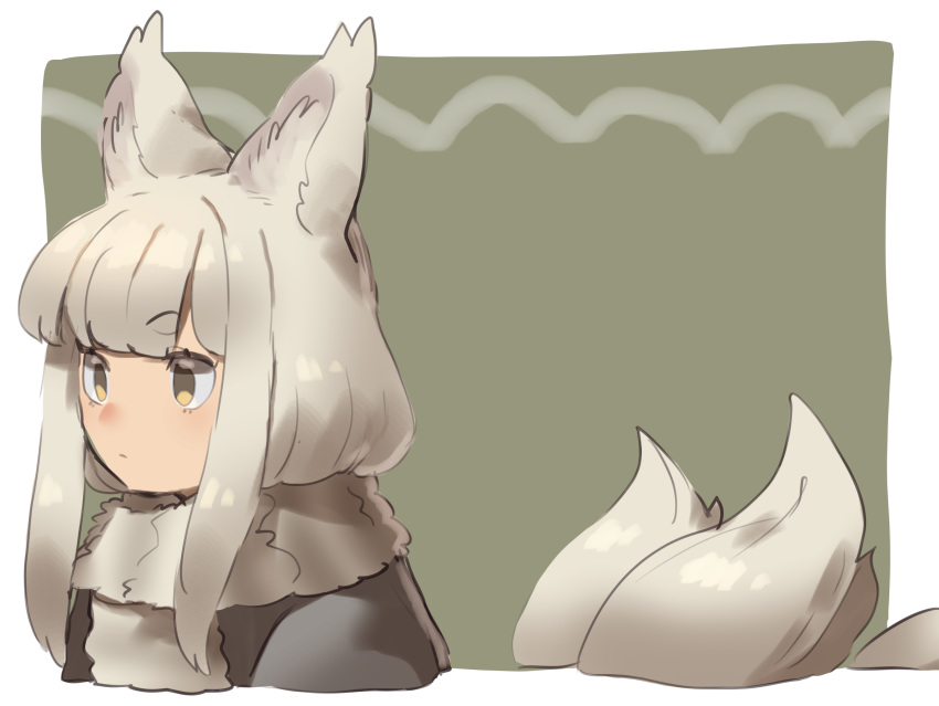 1girl animal_ears bangs blunt_bangs border brown_eyes closed_mouth enpera fox_ears fox_tail fur_collar green_background grey_hair highres multiple_tails okame_nin original scarf simple_background solo tail upper_body white_border