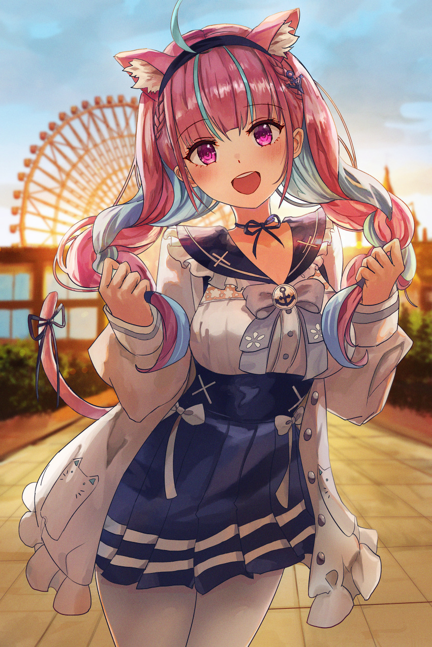 1girl :d absurdres ahoge animal_ears braid breasts cat_ears cat_tail cherre_(jerre-david13579) dress ferris_wheel headband highres hololive huge_filesize minato_aqua multicolored_hair open_mouth pantyhose pavement smile solo tail twin_braids two-tone_hair violet_eyes virtual_youtuber white_legwear