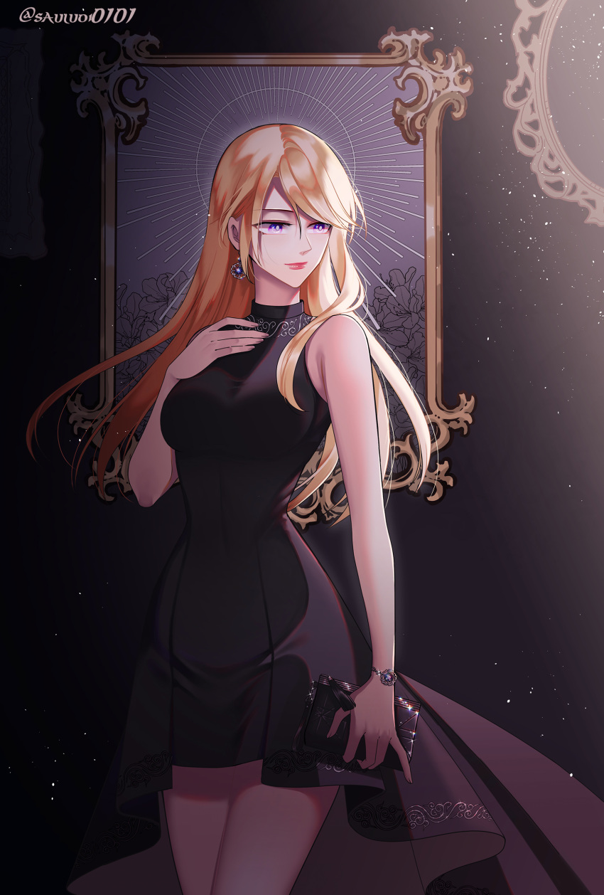 1girl absurdres bag bare_shoulders black_dress blonde_hair bracelet breasts bronzesauluoi closed_mouth commentary dress earrings english_commentary final_fantasy final_fantasy_xv floating_hair formal hair_between_eyes hand_on_own_chest handbag highres holding holding_bag jewelry lips lipstick long_hair looking_to_the_side makeup medium_breasts painting_(object) solo stella_nox_fleuret twitter_username violet_eyes