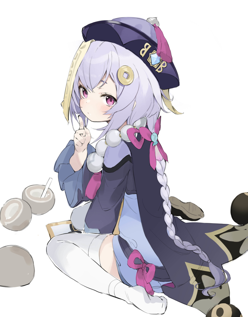 1girl absurdres bangs beads between_legs black_nails blush bow braid braided_ponytail cape chinese_clothes closed_mouth coconut drinking_straw expressionless eyebrows_behind_hair feet finger_to_mouth full_body genshin_impact hair_bow hair_ornament hand_between_legs hat highres index_finger_raised jiangshi light_purple_hair long_hair long_sleeves looking_at_viewer looking_back mint_(psmin30) ofuda purple_headwear purple_ribbon qing_guanmao qiqi ribbon shoe_removed simple_background sitting solo symbol_commentary talisman violet_eyes wariza white_background white_footwear wide_sleeves