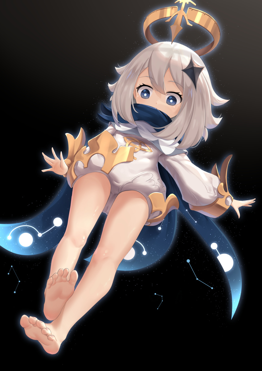 1girl barefoot black_background blue_cape blue_eyes blue_scarf cape full_body genshin_impact hair_between_eyes hair_ornament halo highres long_sleeves looking_at_viewer medium_hair paimon_(genshin_impact) scarf soles solo too-ye white_hair