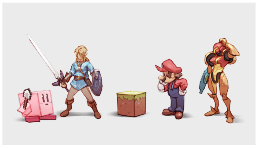 1girl 2boys arm_cannon block blush chin_stroking copy_ability cube facial_hair gloves grey_background hand_on_hip hat highres holding holding_shield holding_sword holding_weapon hylian_shield kirby kirby_(series) link looking_at_another mario super_mario_bros. master_sword metroid minecraft multiple_boys mustache nin_nakajima overalls ponytail power_armor red_headwear red_shirt samus_aran scratching_head shield shirt shovel simple_background super_smash_bros. sword the_legend_of_zelda the_legend_of_zelda:_breath_of_the_wild tunic weapon white_gloves