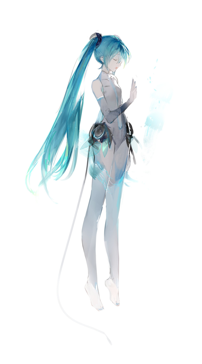 1girl absurdres aqua_hair aqua_nails barefoot belt black_gloves breasts bridal_legwear closed_eyes elbow_gloves floating from_side full_body gloves hair_ornament hand_up hatsune_miku highres leotard long_hair miku_append nail_polish open_mouth shirt sleeveless sleeveless_shirt small_breasts solo twintails very_long_hair vocaloid vocaloid_append white_background white_legwear white_leotard white_shirt yyb