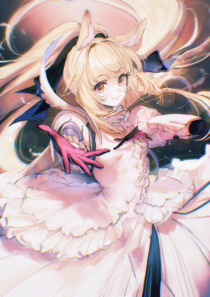 1girl animal_ear_fluff animal_ears arknights bangs black_background black_gloves blemishine_(arknights) blonde_hair blurry blurry_background breasts brown_eyes chromatic_aberration closed_mouth cowboy_shot dress eyebrows_visible_through_hair floating_hair frilled_dress frills gloves gradient gradient_background hair_intakes hand_on_own_chest hands_up high_ponytail highres horse_ears juliet_sleeves layered_dress lens_flare light_particles long_dress long_hair long_sleeves looking_at_viewer outstretched_arm pink_gloves ponytail puffy_sleeves reaching_out red_background rumoon_cocoa shiny shiny_hair sidelocks small_breasts smile solo standing two-tone_gloves very_long_hair white_dress