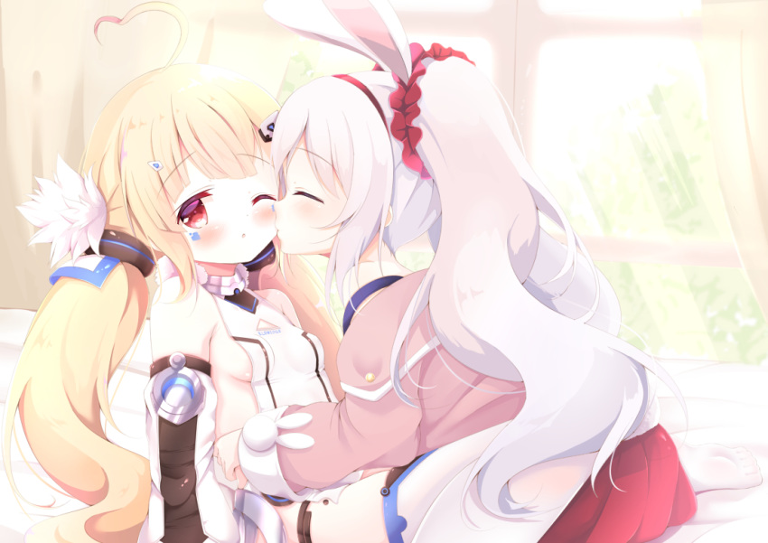 2girls ;o ahoge animal_ears azur_lane bangs bare_shoulders bed_sheet blonde_hair blush breasts cheek_kiss closed_eyes closed_mouth commentary commission curtains detached_sleeves dress eldridge_(azur_lane) english_commentary eyebrows_visible_through_hair facial_mark hair_ornament hairband heart_ahoge indoors jacket kiss kittipat_jituatakul laffey_(azur_lane) long_hair long_sleeves multiple_girls off_shoulder one_eye_closed open_clothes open_jacket pantyhose parted_lips pink_jacket pleated_skirt profile puffy_long_sleeves puffy_sleeves rabbit_ears red_hairband red_skirt silver_hair skirt sleeveless sleeveless_dress sleeves_past_wrists small_breasts soles strap_slip thigh-highs twintails very_long_hair white_dress white_legwear white_sleeves window yuri