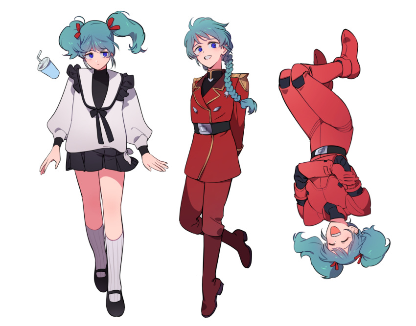 1girl alternate_costume aqua_hair blue_eyes boots braid char's_counterattack gloves gundam long_hair mary_janes military military_uniform multiple_persona pilot_suit quess_paraya sakanaokashi shoes skirt smile spacesuit twintails uneven_twintails uniform