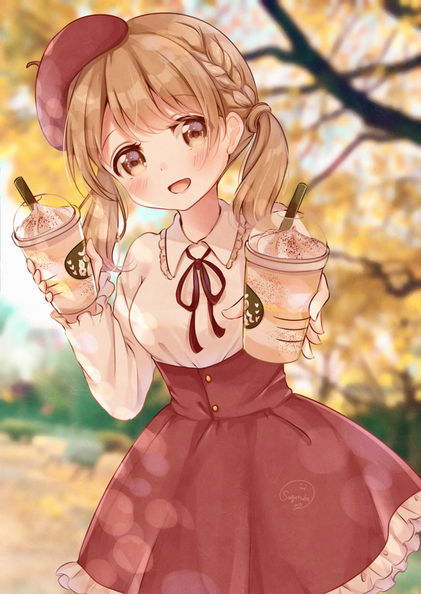 1girl absurdres autumn blush braid breasts brown_eyes brown_hair coffee dress hat highres large_breasts lolita_fashion looking_at_viewer open_mouth original outdoors petticoat red_skirt short_twintails skirt standing sugutsuka_rerun tree twintails